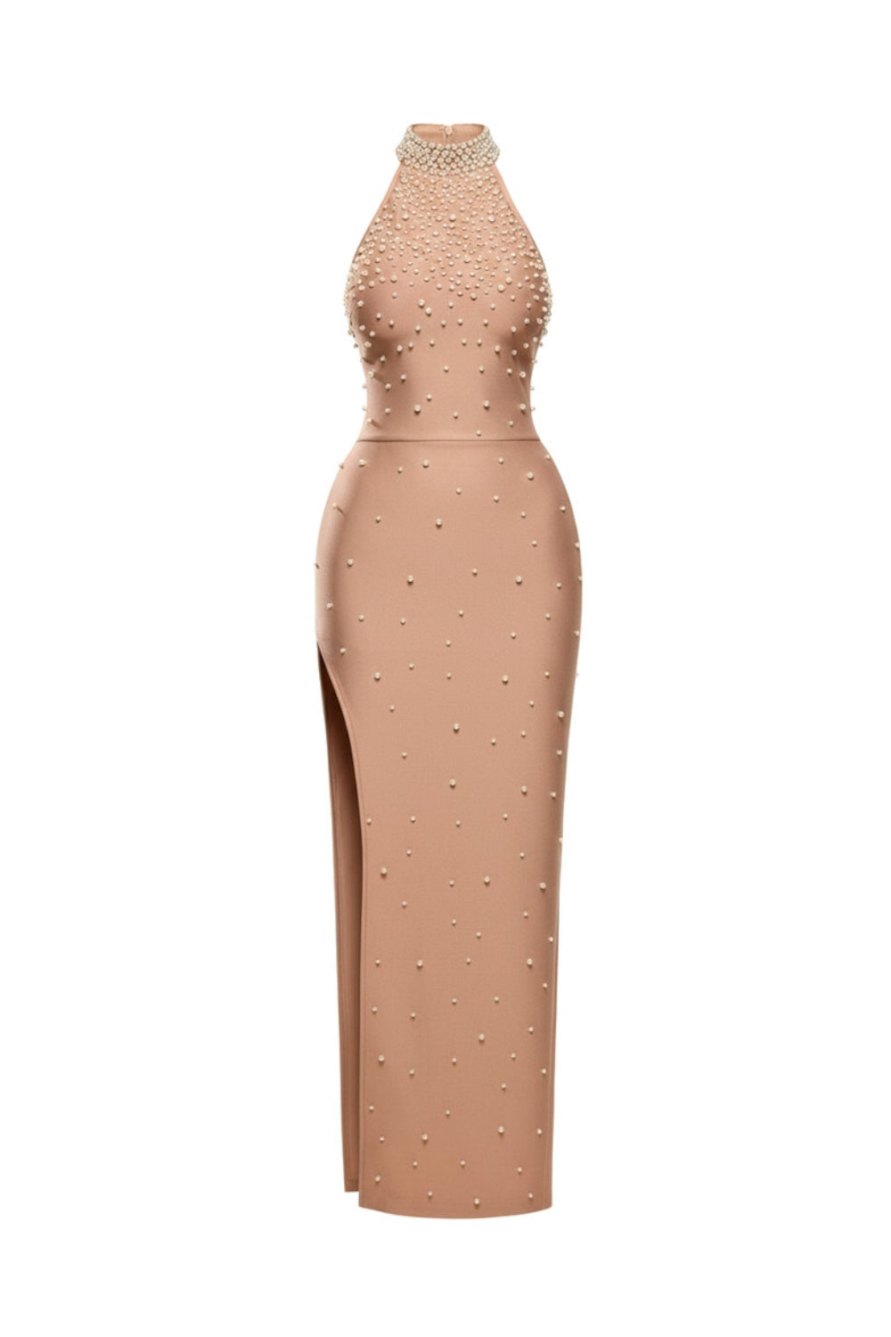 Flowering Girl Women Irene Halter Pearl Embellished Maxi Dress In Nude