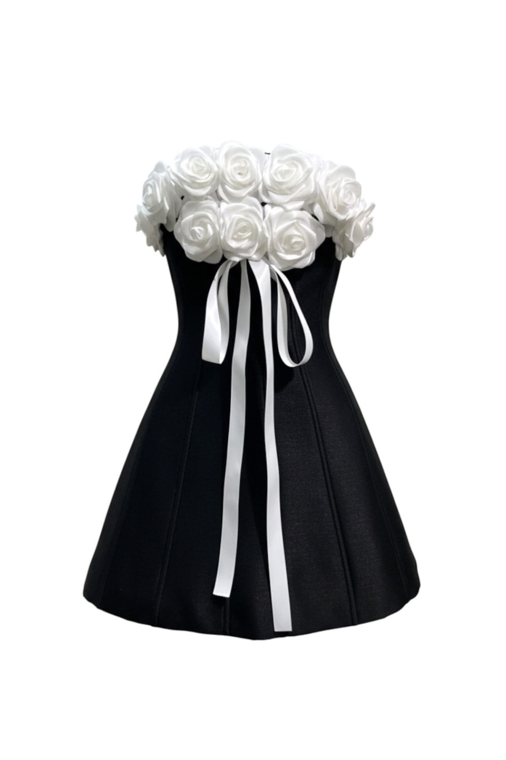 Gladys Strapless 3d Floral Corset A-Line Dress In Black