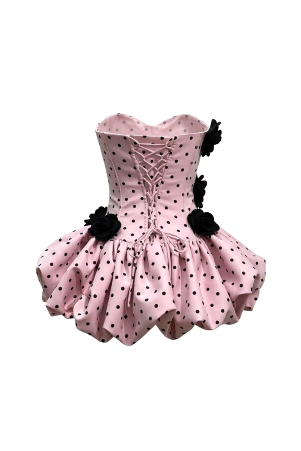 Flowering Girl Women Polka Dot Strapless Flower Corset Puff Mini Dress In Pink