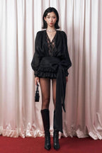 cornelia V Neck Lace Bow Mini Dress in black