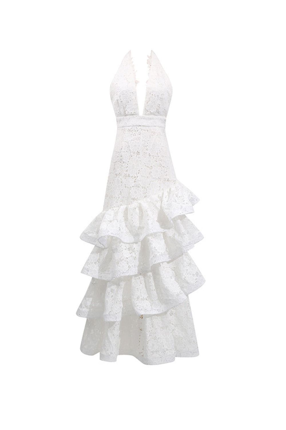 hazel white Deep V-neck halterneck layer ruffle trim maxi dress