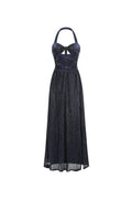 bonnie halter pleated cutout maxi dress in navy blue