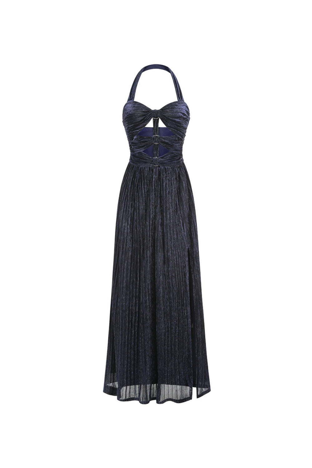 Flowering Girl Women Bonnie Halter Pleated Cutout Maxi Dress In Navy Blue