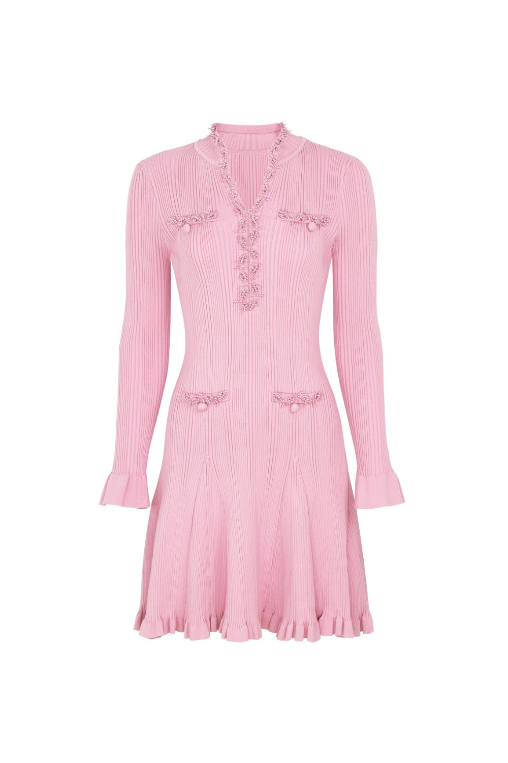 Flowering Girl Women Xylia Pink Pearl Trim v-Neck Knit Mini Dress