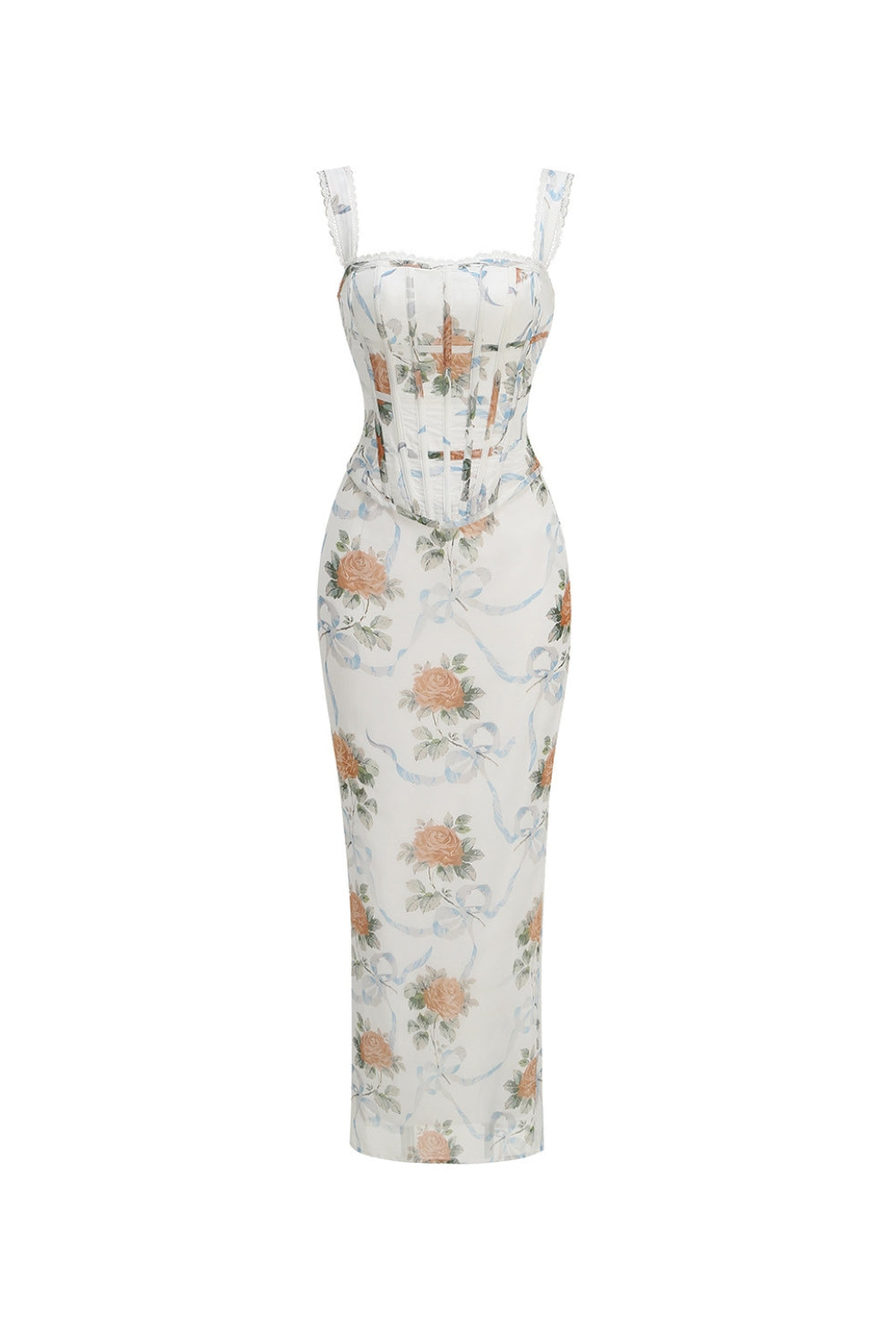 Flowering Girl Women Phoenix White Floral Print Fitted Corset Maxi Dress