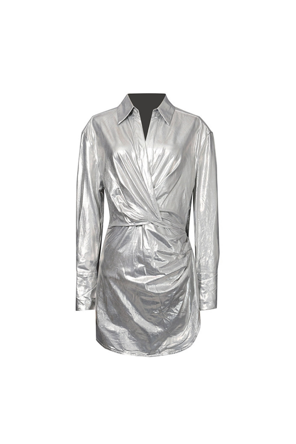 Maud Metallic Pleated Shirt Mini Dress In Silver