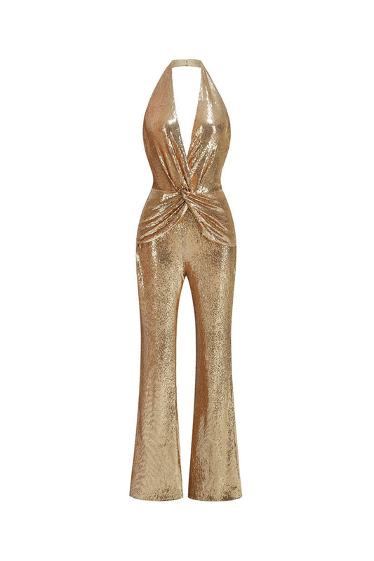nora gold Sequin halterneck deep V high waist flared jumpsuit