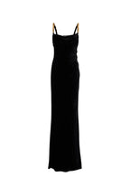 Flowering Girl Women Mag Black Metal Chain Strap Square Neck Velvet Maxi Dress