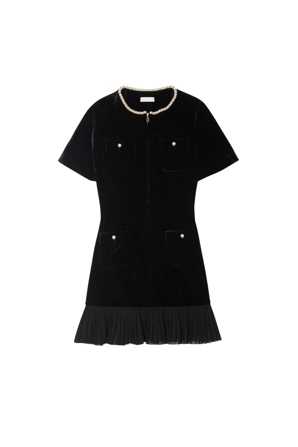 Pearl-Trimmed Collar Zipper Velvet Pleated Dress In Black