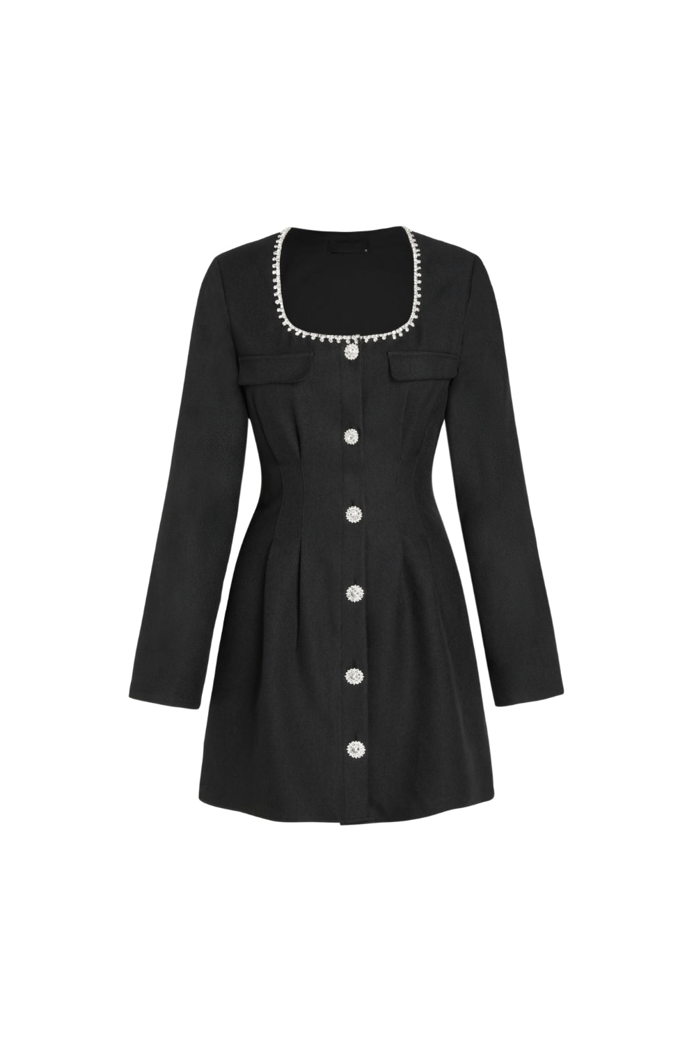Viola Black Square Neck Rhinestone Pleated Mini Dress