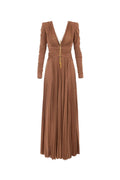 meroy Deep V puff sleeve pleated maxi dress in brown