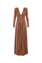Meroy Deep V Puff Sleeve Pleated Maxi Dress In Brown