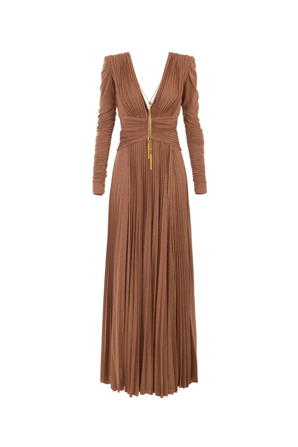 Meroy Deep V Puff Sleeve Pleated Maxi Dress In Brown