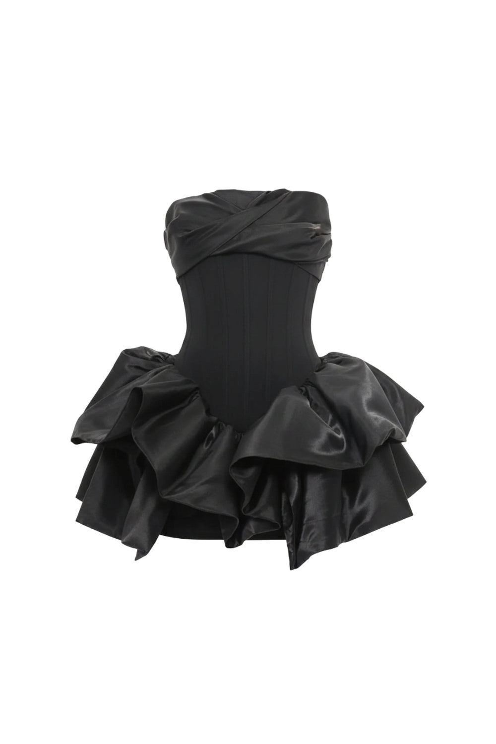 Elizabeth Strapless Draped Ruffle Mini Dress In Black