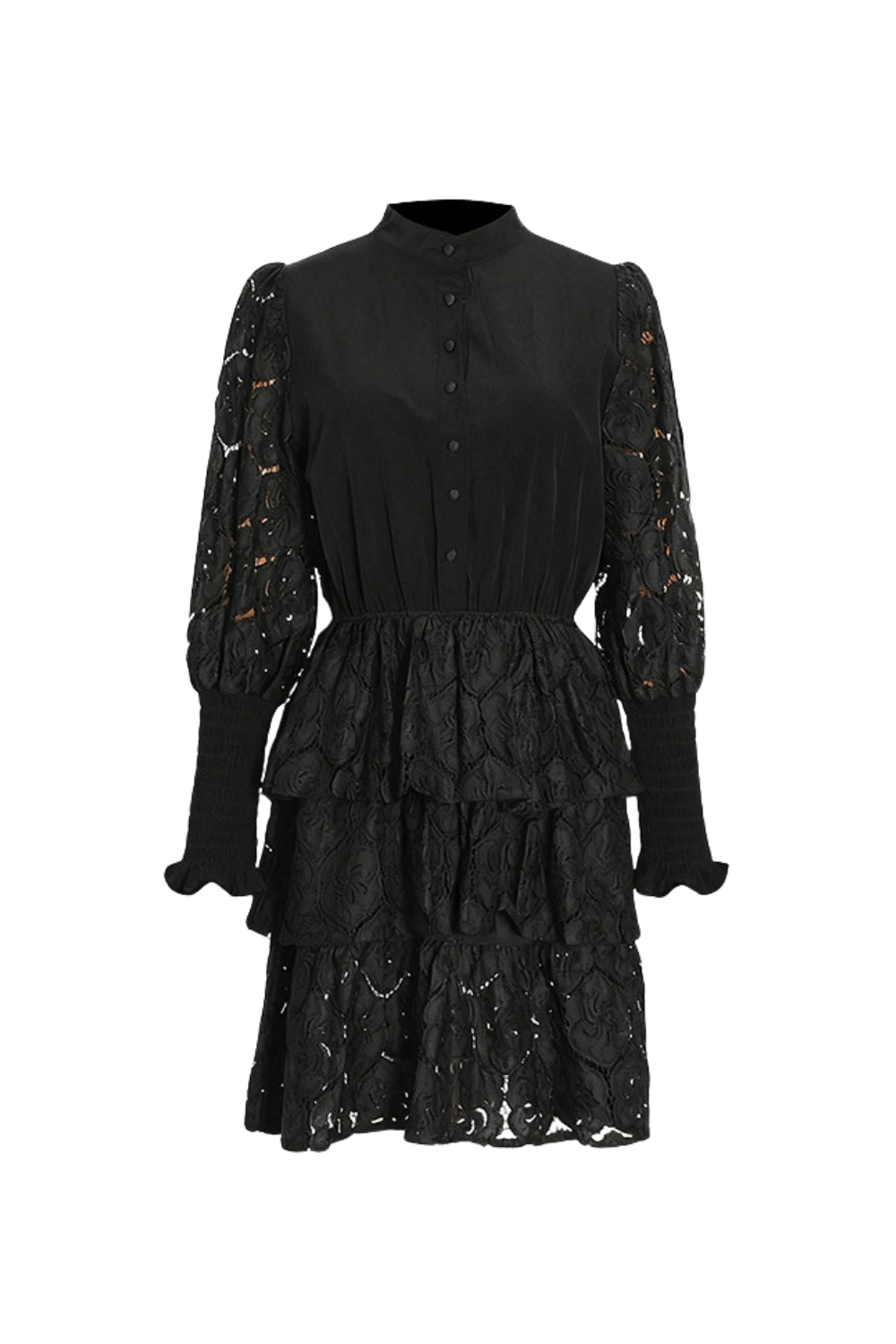 Vanessa Long Sleeves Layered Lace Mini Dress In Black