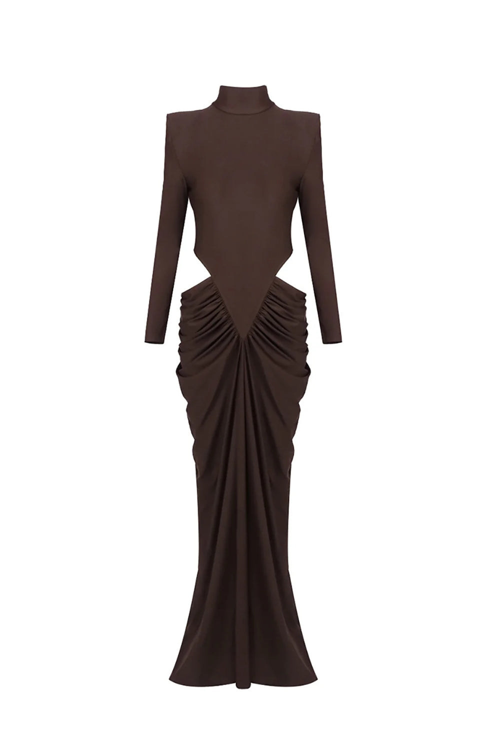 Jacqueline Turtleneck Long Sleeve Cutout Bodycon Gown In Brown