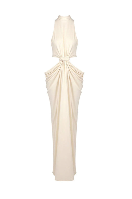 stephanie Cutout Waist halter Maxi Dress in beige