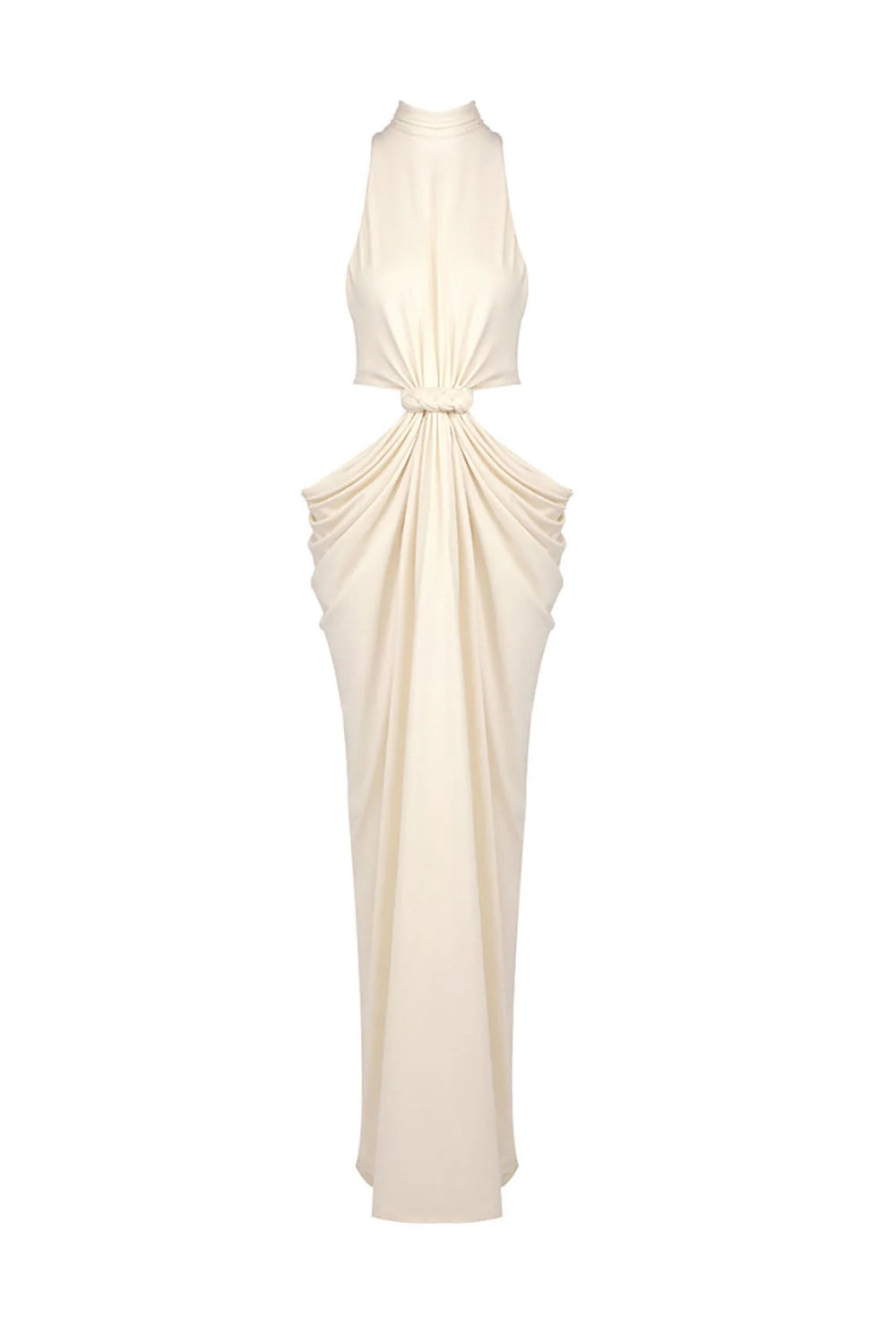 Stephanie Cutout Waist Halter Maxi Dress In Beige