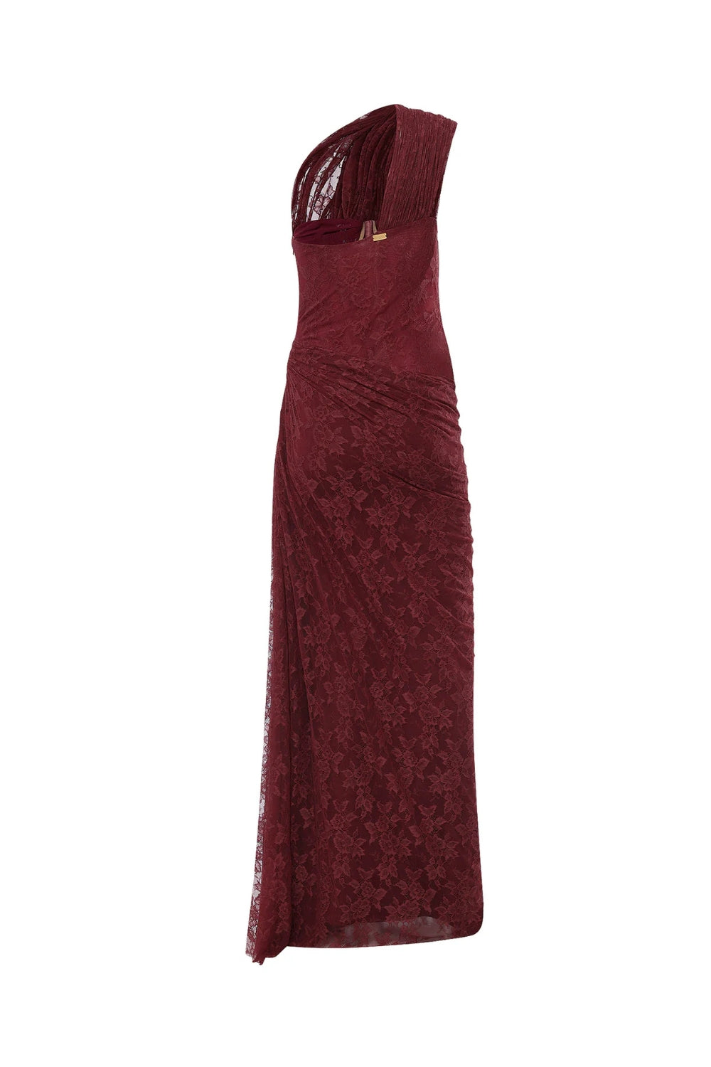 Wendy One-Shoulder Lace Maxi Dress In Burgundy