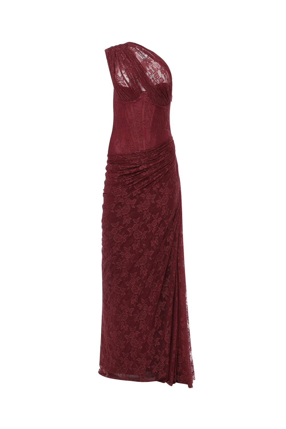 Wendy One-Shoulder Lace Maxi Dress In Burgundy