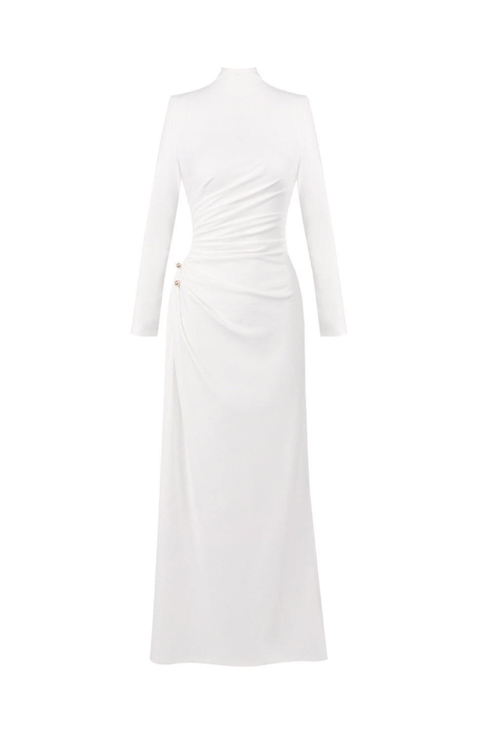 Rita Metallic Double Ball Long-Sleeve High-Slit Maxi Dress In White