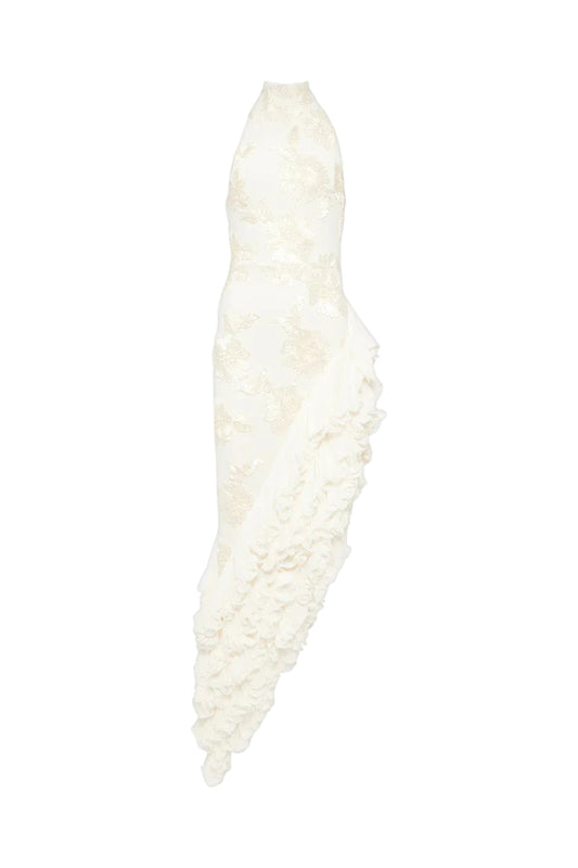 roberta white Asymmetric appliqué halter sleeveless midi dress