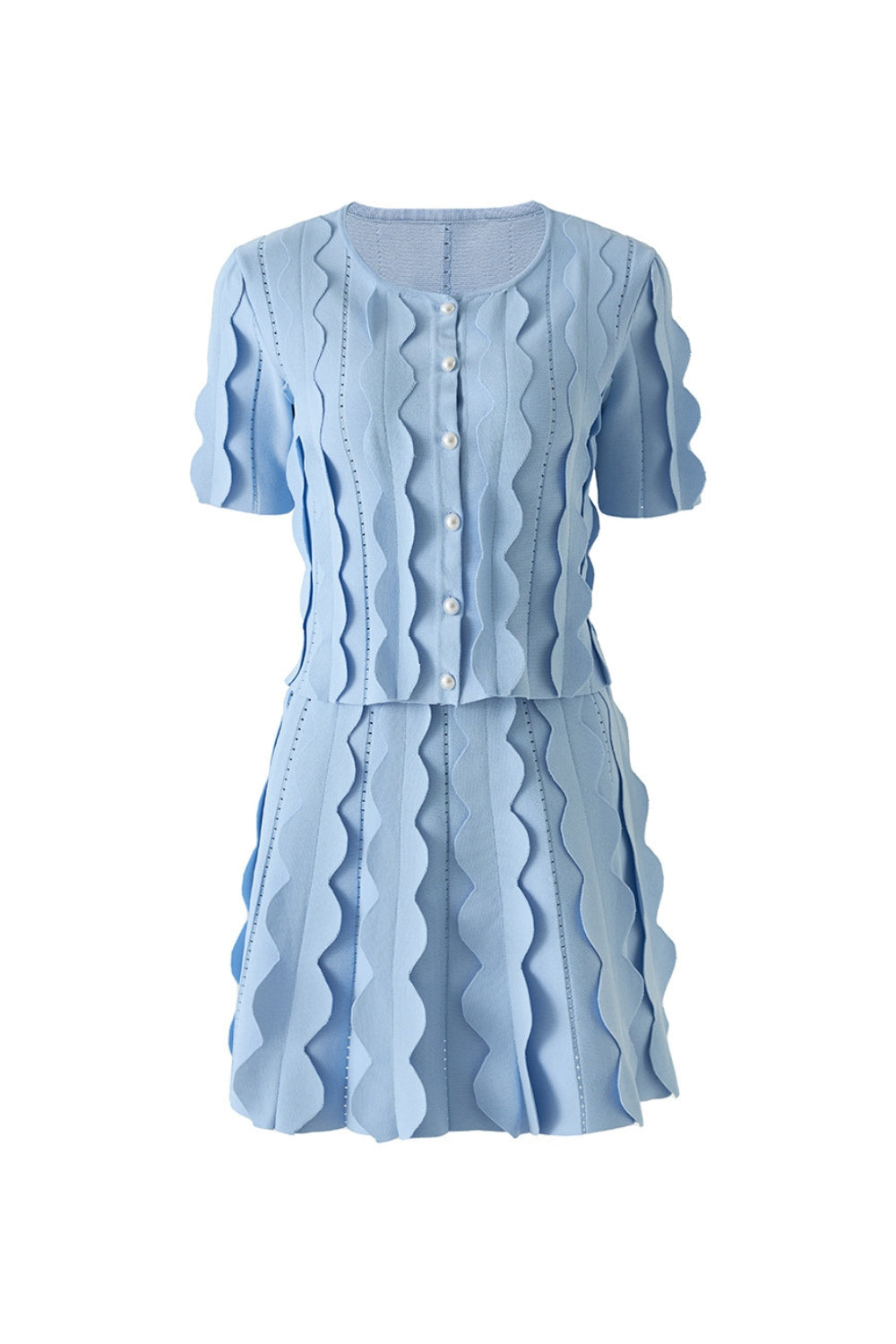 Blue Geometric Circle Pattern Cardigan Skirt Two-Piece Set