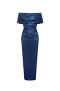 doris dark blue Contour Metallic Off Shoulder Ruched Maxi Dress