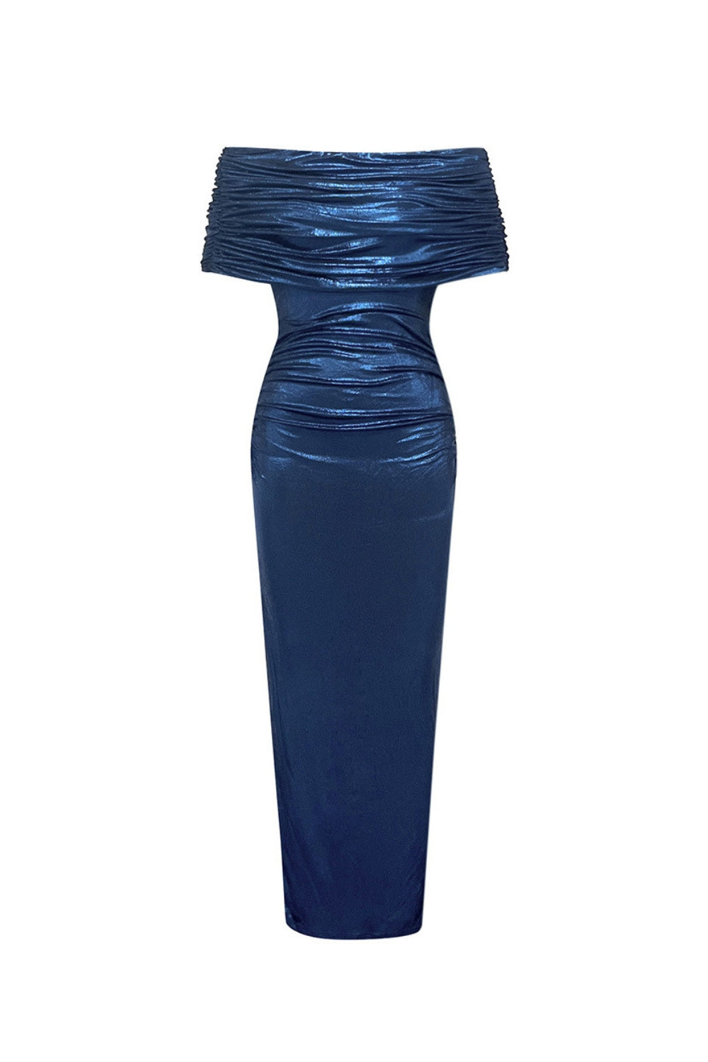 doris dark blue Contour Metallic Off Shoulder Ruched Maxi Dress