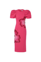 Flowering Girl Women Sequin Flower Embellished Puff Sleeve Midi Dress In Pink