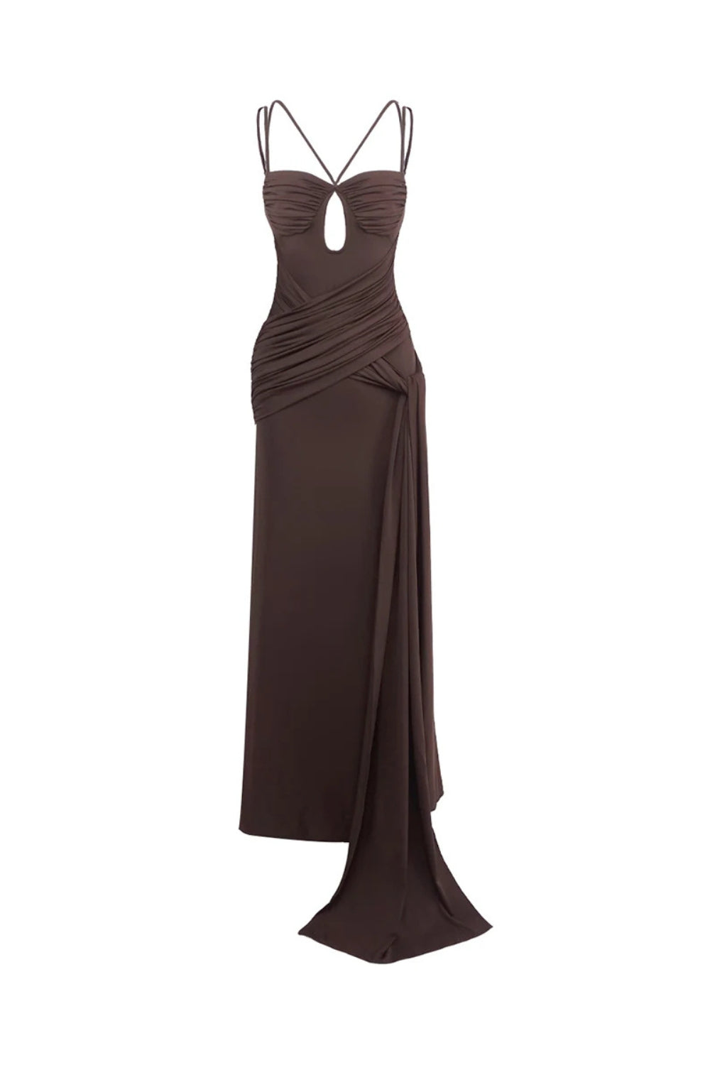 Flowering Girl Women Pleated Strappy Draped Slit Maxi Dress In Brown