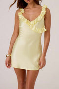 buttercup satin ruffle mini dress in yellow
