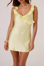 Flowering Girl Women Buttercup Satin Ruffle Mini Dress In Yellow