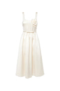 polly floral-appliqué satin midi dress in ivory