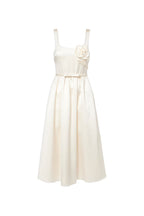 polly floral-appliqué satin midi dress in ivory