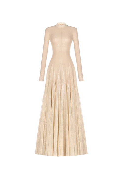Flowering Girl Women anila Beige mesh long sleeve slim maxi dress
