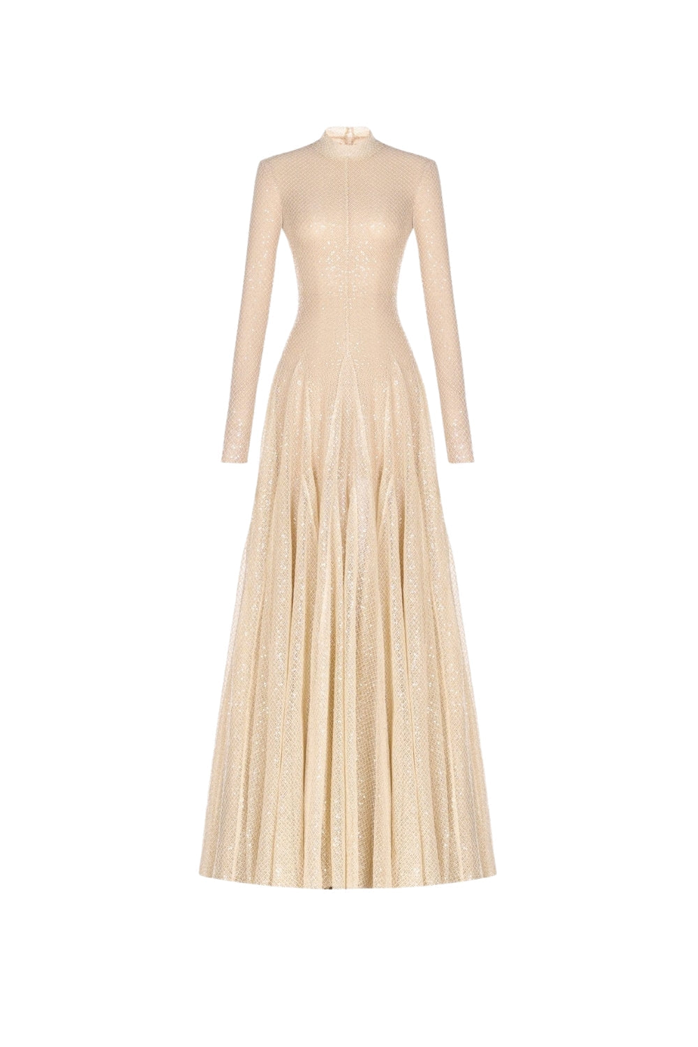 Anila Beige Mesh Long Sleeve Slim Maxi Dress
