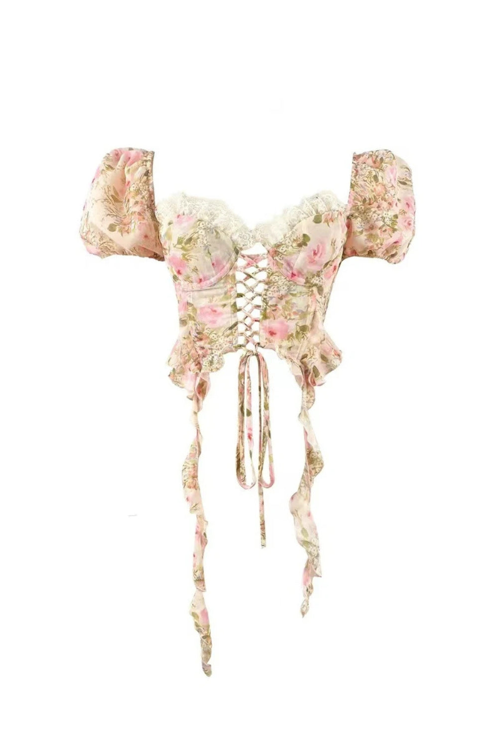 Flowering Girl Women Pink Tie-Drape Chiffon Shirt With Ruffled Puff Sleeves