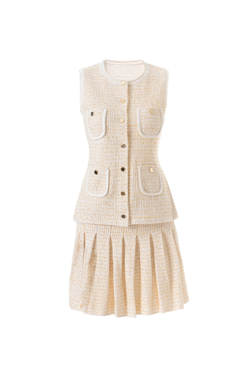 Flowering Girl Women Celeste Tweed Button-Front Vest Pleated Skirt Set In Apricot