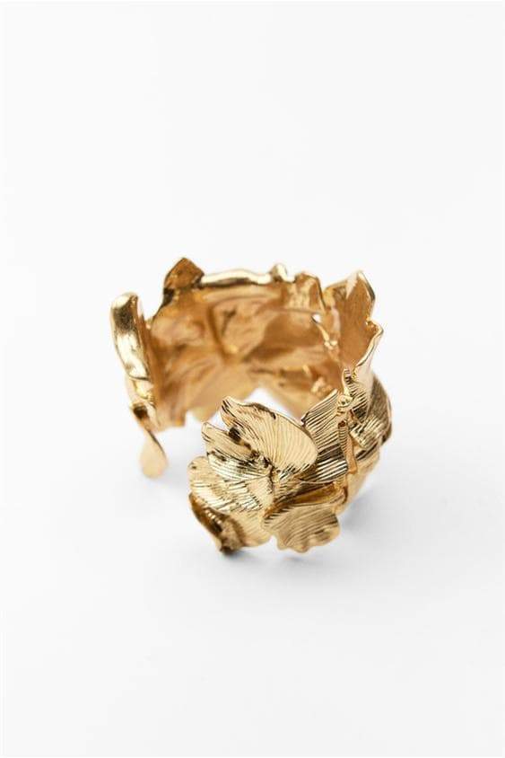 Flowering Girl Women 3D Textured Floral Wide Open Cuff Gold Bangle