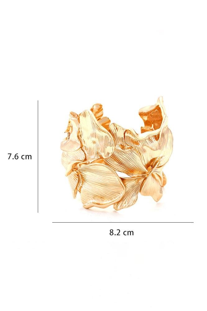 Flowering Girl Women 3D Textured Floral Wide Open Cuff Gold Bangle