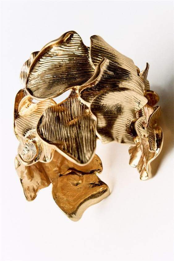 Flowering Girl Women 3D Textured Floral Wide Open Cuff Gold Bangle