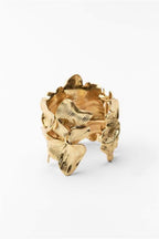 Flowering Girl Women 3D Textured Floral Wide Open Cuff Gold Bangle