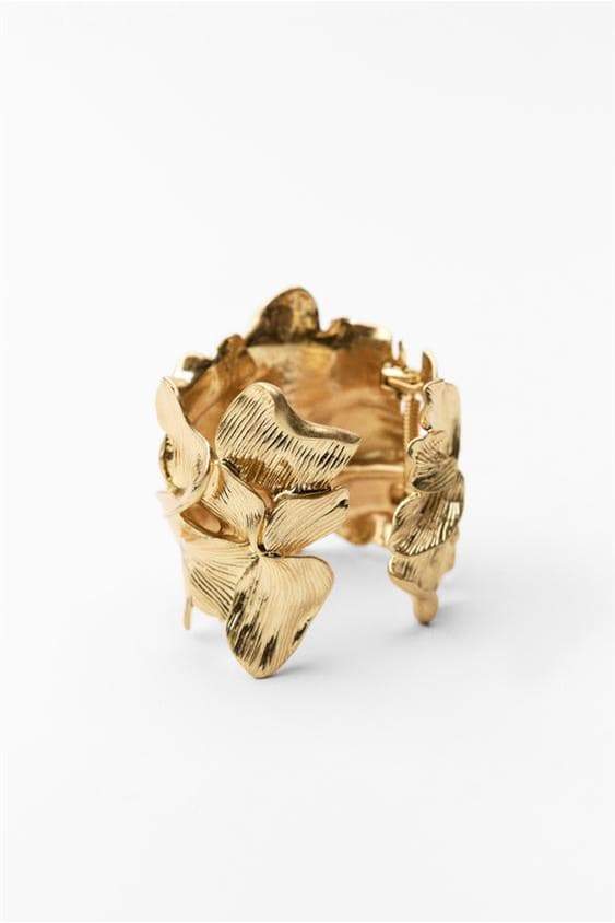 Flowering Girl Women 3D Textured Floral Wide Open Cuff Gold Bangle