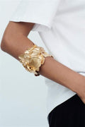 Flowering Girl Women 3D Textured Floral Wide Open Cuff Gold Bangle
