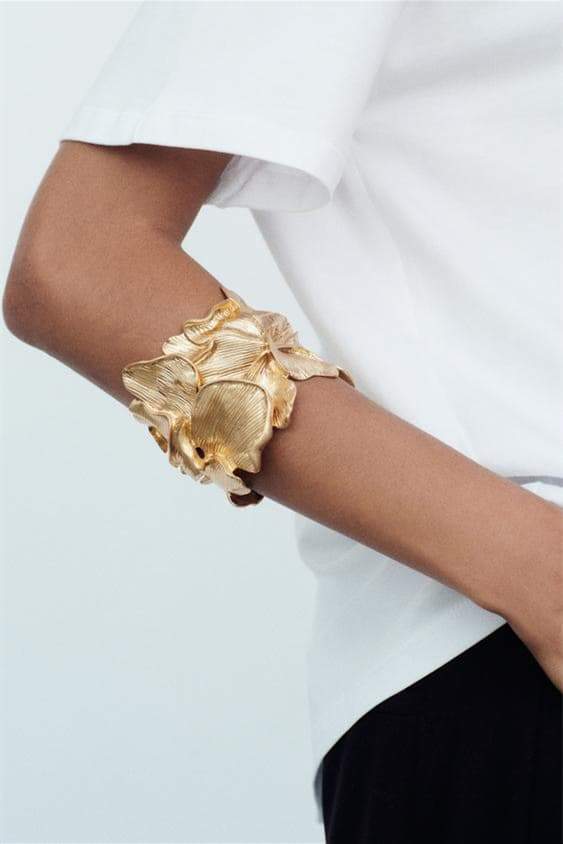 Flowering Girl Women 3D Textured Floral Wide Open Cuff Gold Bangle