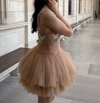 Ballerina |  Beige Tulle Mini Dress With 3D Applique