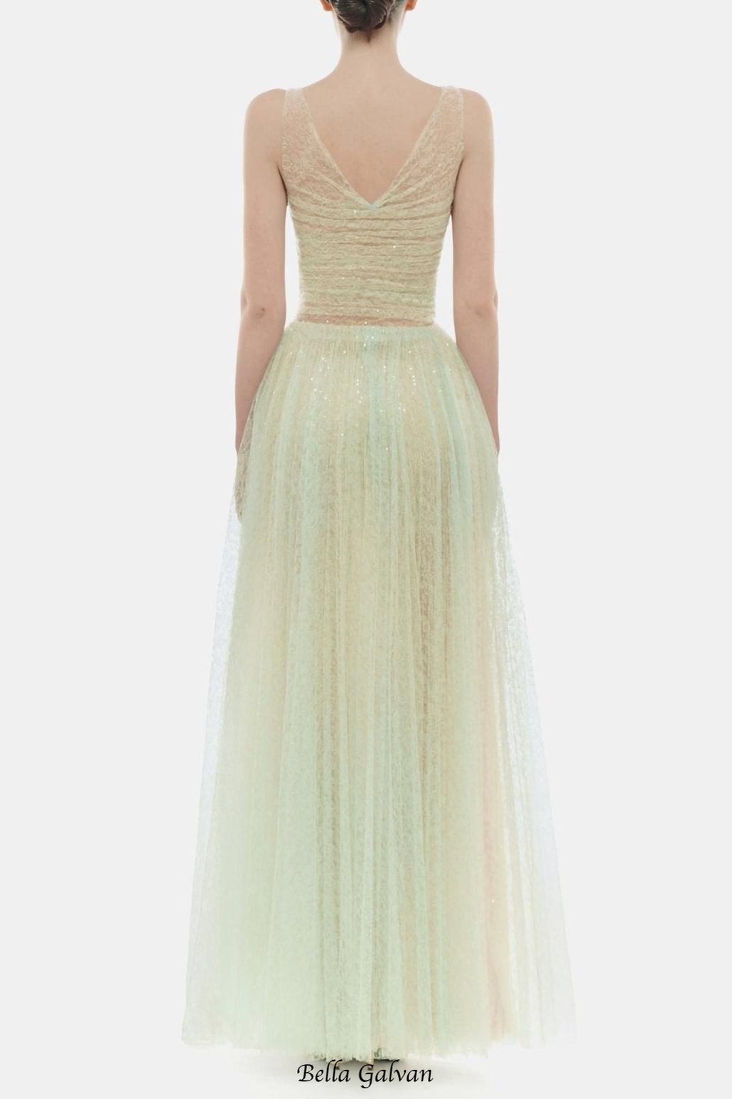 monica mint draped tulle fishbone maxi dress