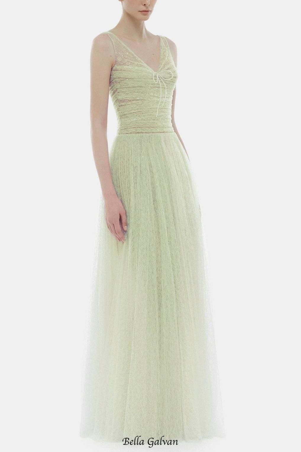 monica mint draped tulle fishbone maxi dress