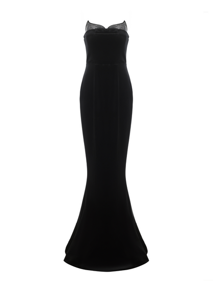 ellen high slit velvet strapless maxi dress in black